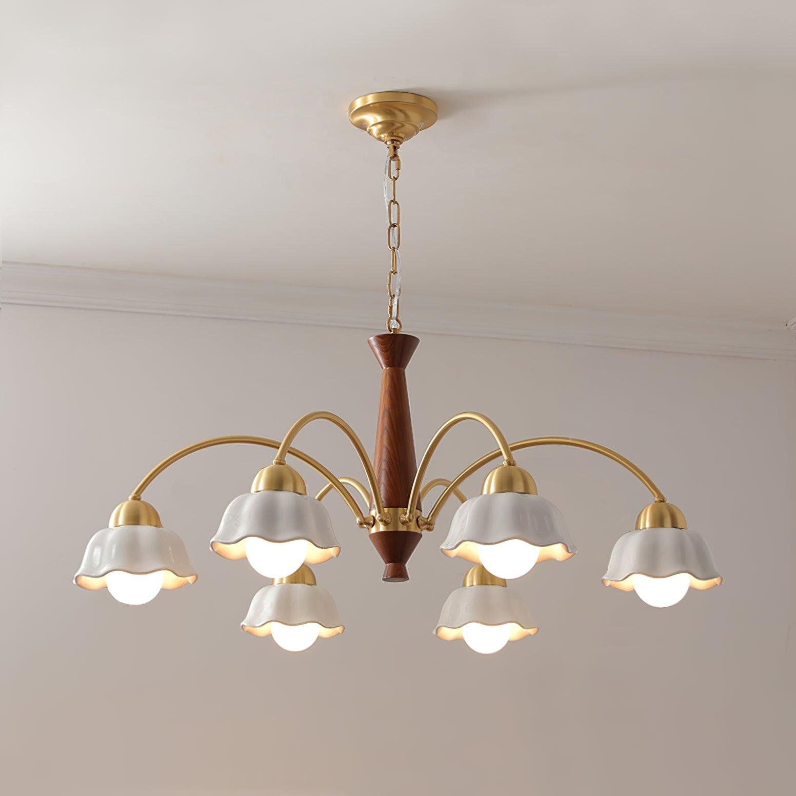 6-Head Swedish Modern Brass Chandelier: Diameter 29.5 inches x Height 16.9 inches (75cm x 43cm), Crafted with Brass and Walnut Wood