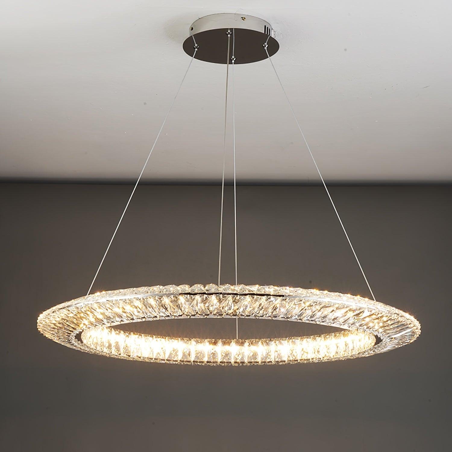 Silver Tanager Geometric Chandelier, with a diameter of 31.5 inches and a height of 59 inches (or 80cm in diameter and 150cm in height), emitting cool white light.