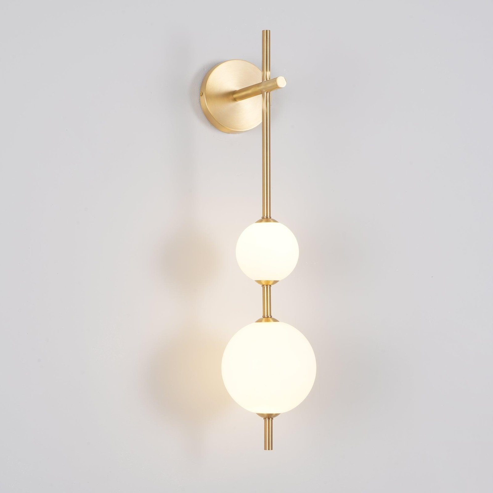 Set of 2 Brass Vertical Globe Wall Lamps, Diameter 15cm x Height 65cm, with Cool White Lighting