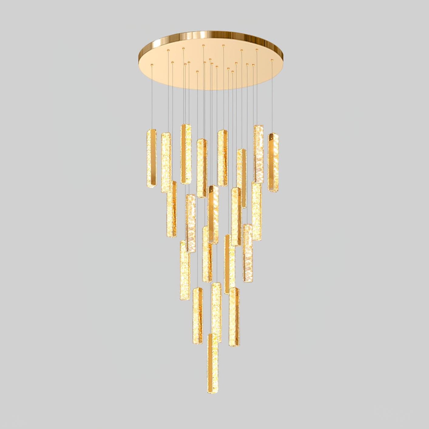 Chandelier with 21 heads, measuring ∅ 23.6″ x H 118″ (Dia 60cm x H 300cm), in Gold+Clear finish, featuring Bi-color and Multicolor LED options - Villa Forci