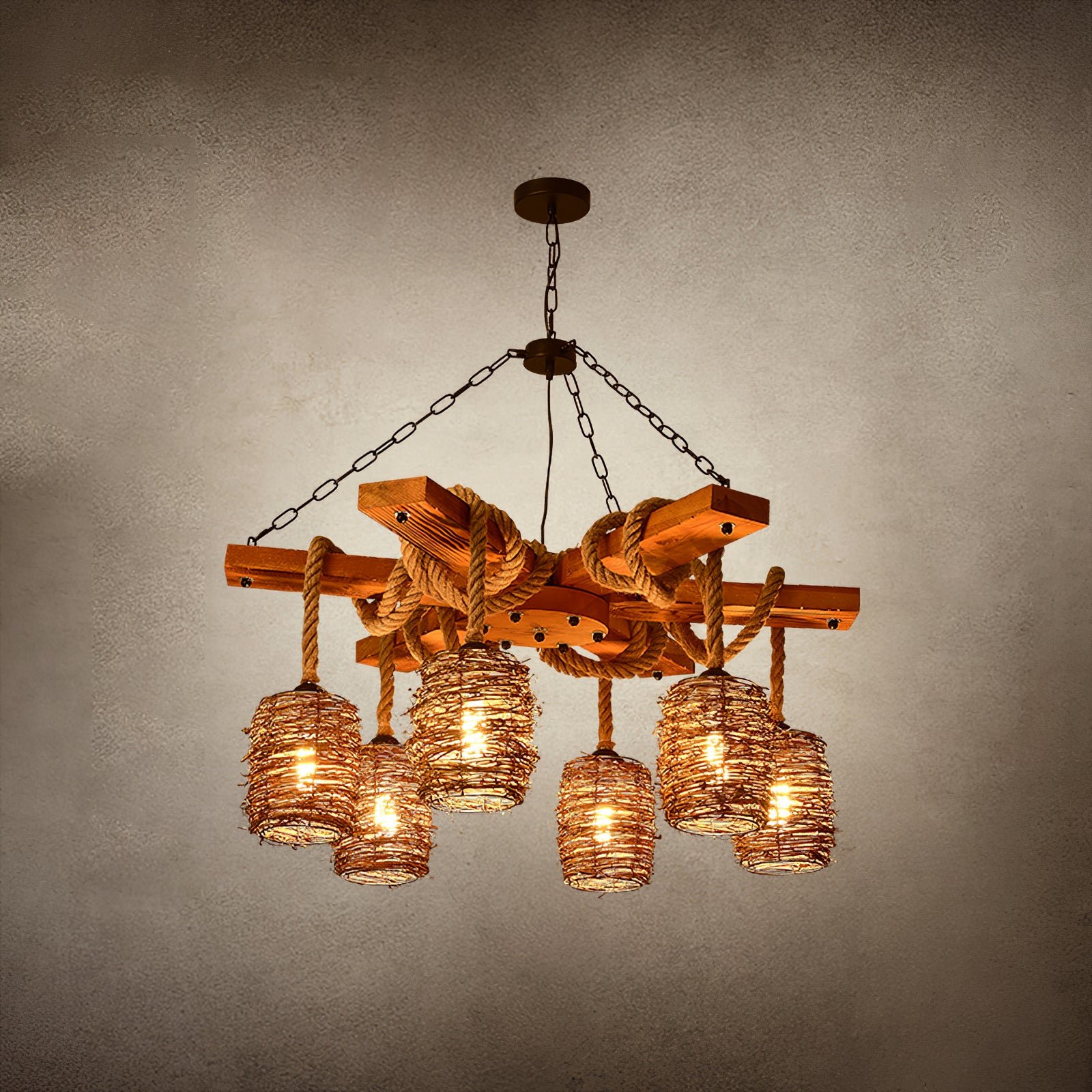 Vintage Farmhouse Chandelier with 6 heads, measuring 36.6 inches in diameter and 19.6 inches in height (or 93cm x 50cm), available in black or brown color.
