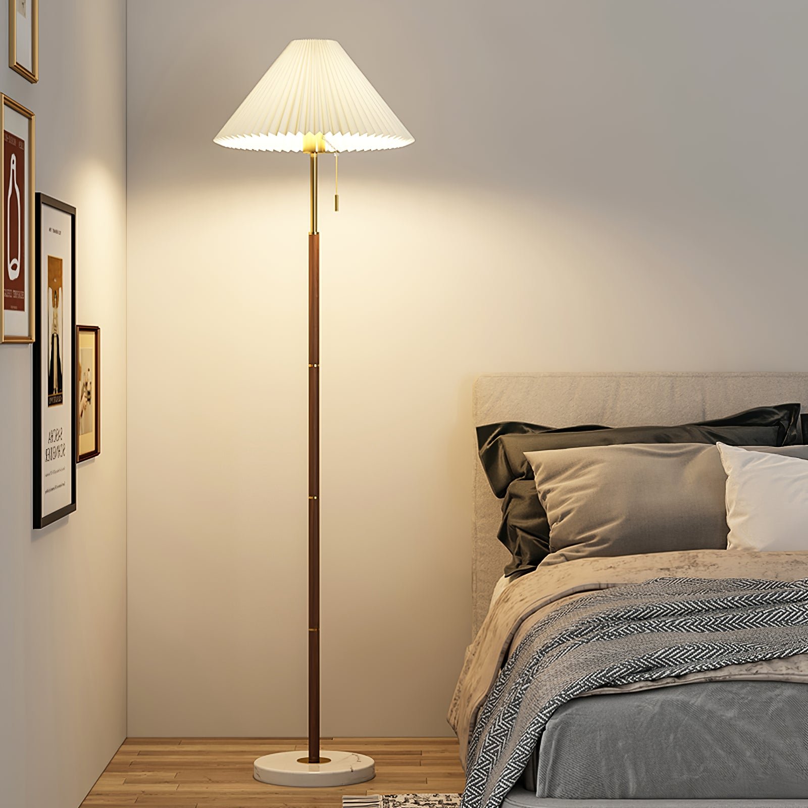 Floor Lamp - Vintage Pleated Design, 11" Diameter x 66" Height (28cm x 168cm), Walnut/White Finish, UK Plug