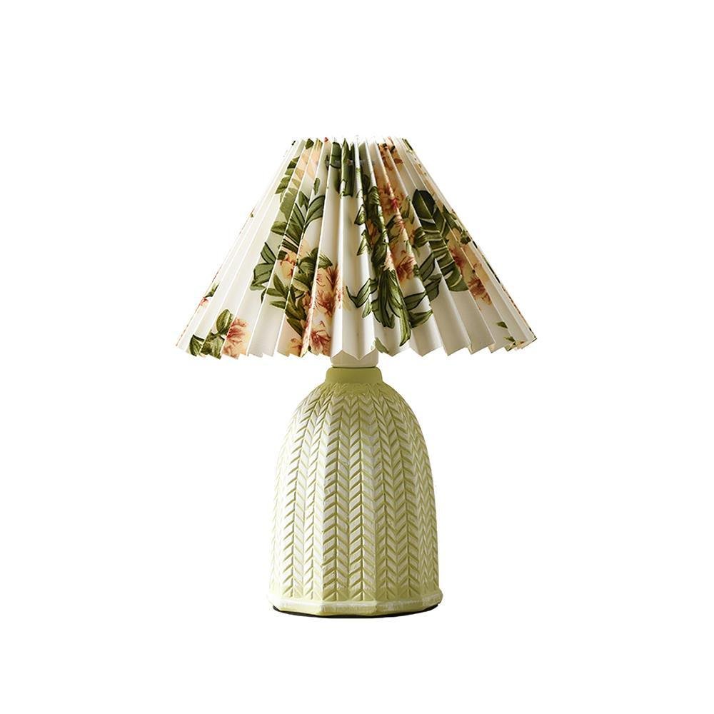 Light Green Vintage Pleated Table Lamp with Flower Design - 9.4" Diameter x 14.4" Height (24cm x 36.5cm) - UK Plug