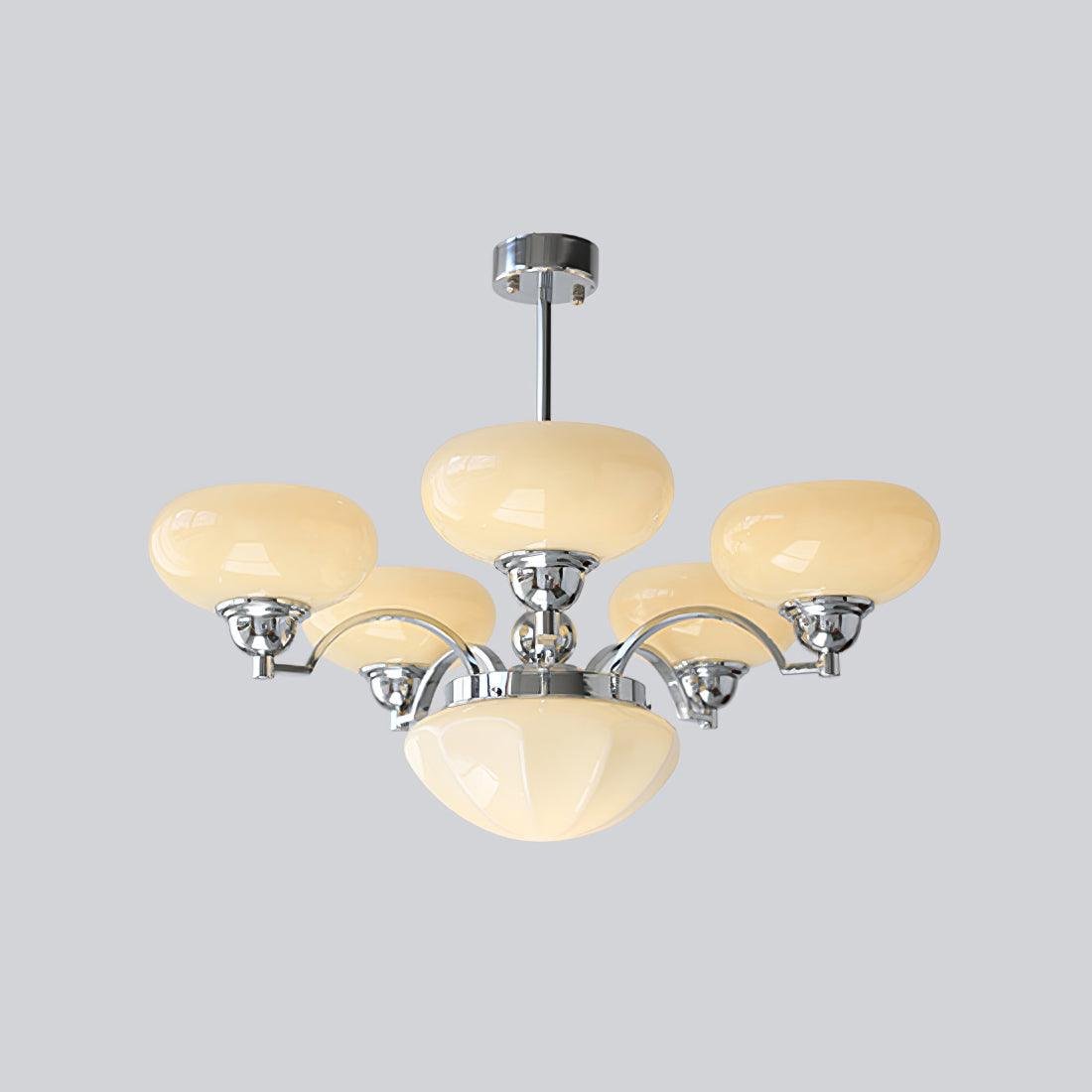 Warre Chandelier with 6 heads, measuring 26.5 inches in diameter and 11 inches in height (70cm x 28cm), in Chrome and Beige.