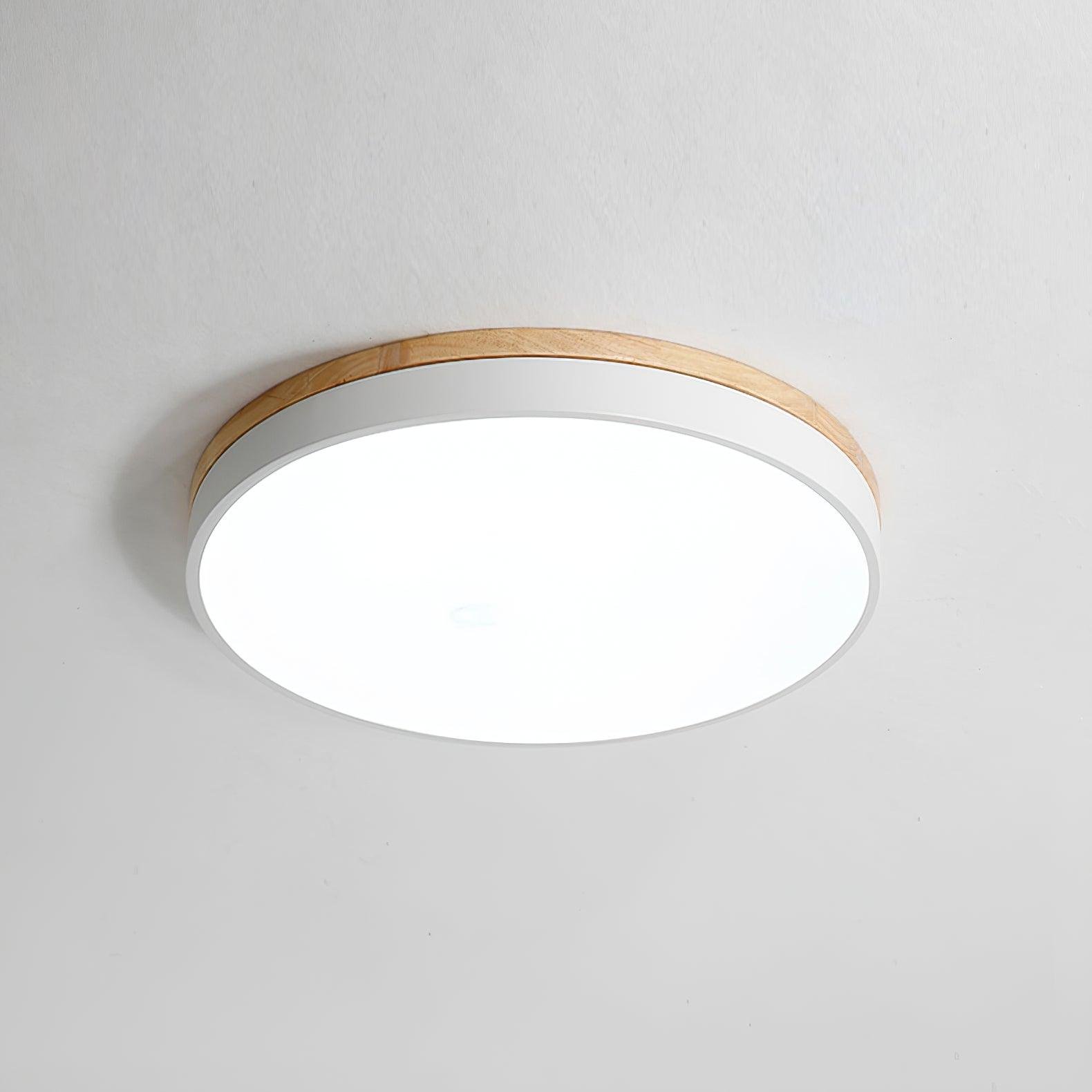 White Wooden Round Ceiling Lamp - Diameter 15.7" x Height 2.4" (40cm x 6cm), Wood and White Finish, Cool Lighting