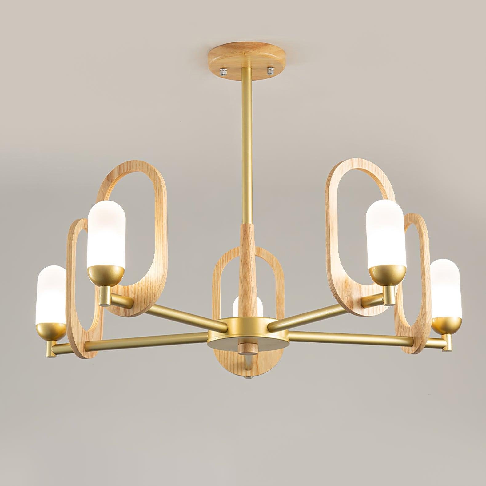 Wood Art Halo Chandelier with 5 Heads measuring ∅ 27.6″ x H 17.7″ (Dia 70cm x H 45cm) in a Wood Color and Gold Finish