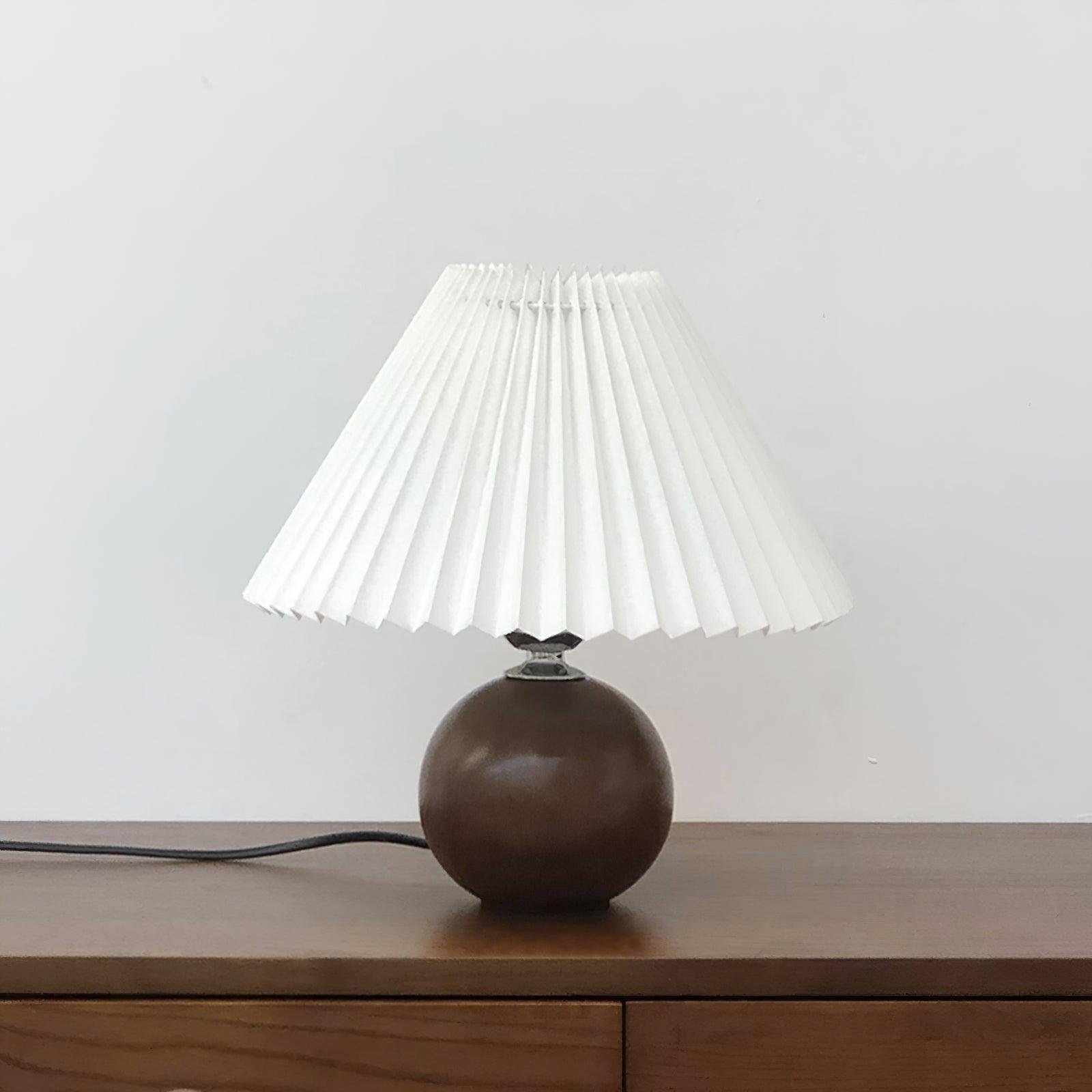 Walnut and White Wooden Pleated Table Lamp with UK Plug, Diameter 28cm x Height 30cm