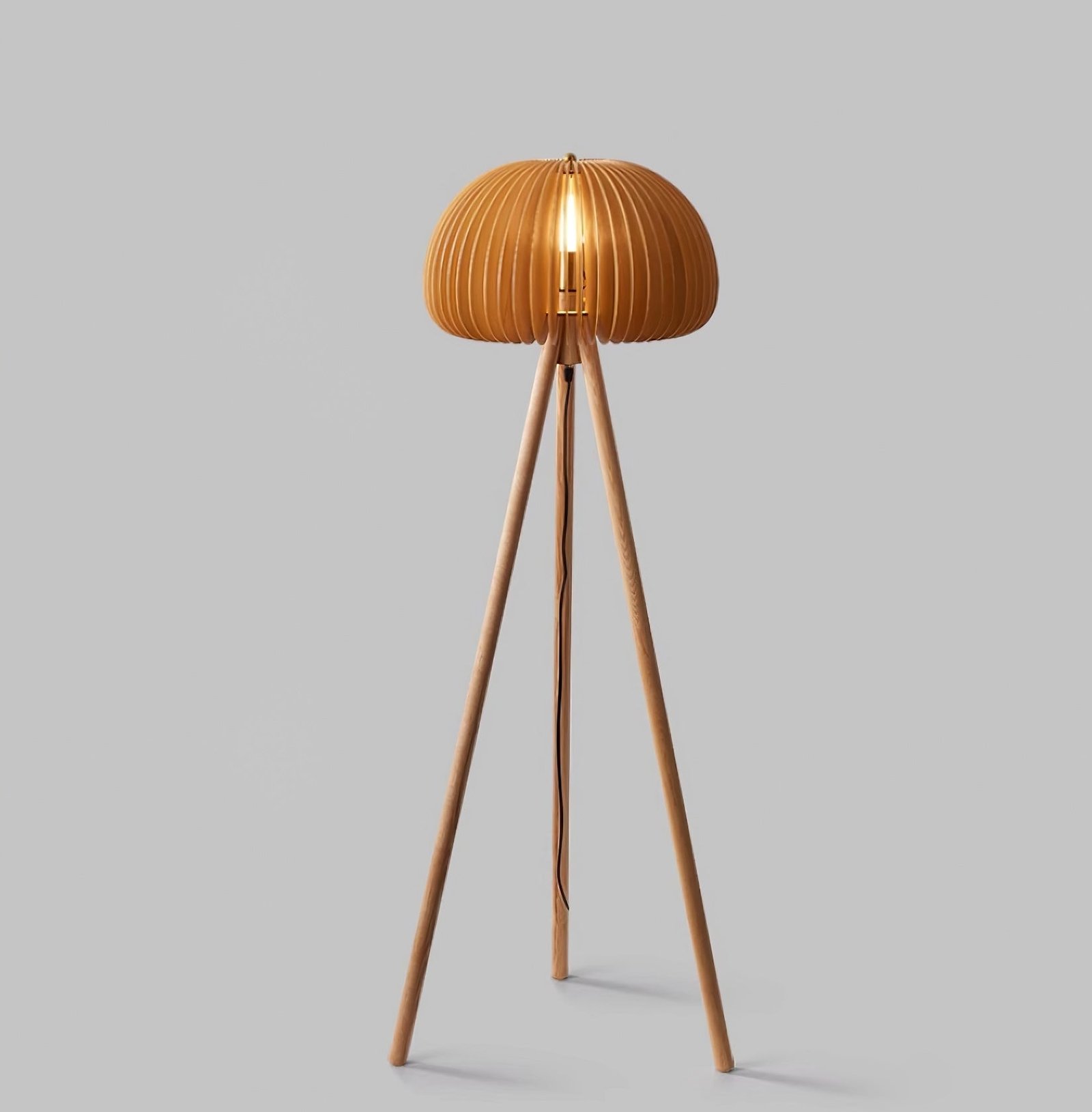 Wooden Floor Lamp with Pumpkin Design - 17.7" Diameter x 61" Height (45cm Dia x 155cm H) - Wooden Construction - UK Plug