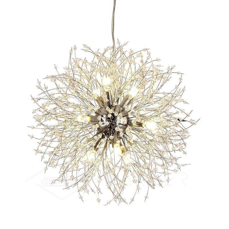 Chandelier with 12 Crystal Dandelion Heads, Diameter 21.7 inches (55cm), Chrome Finish