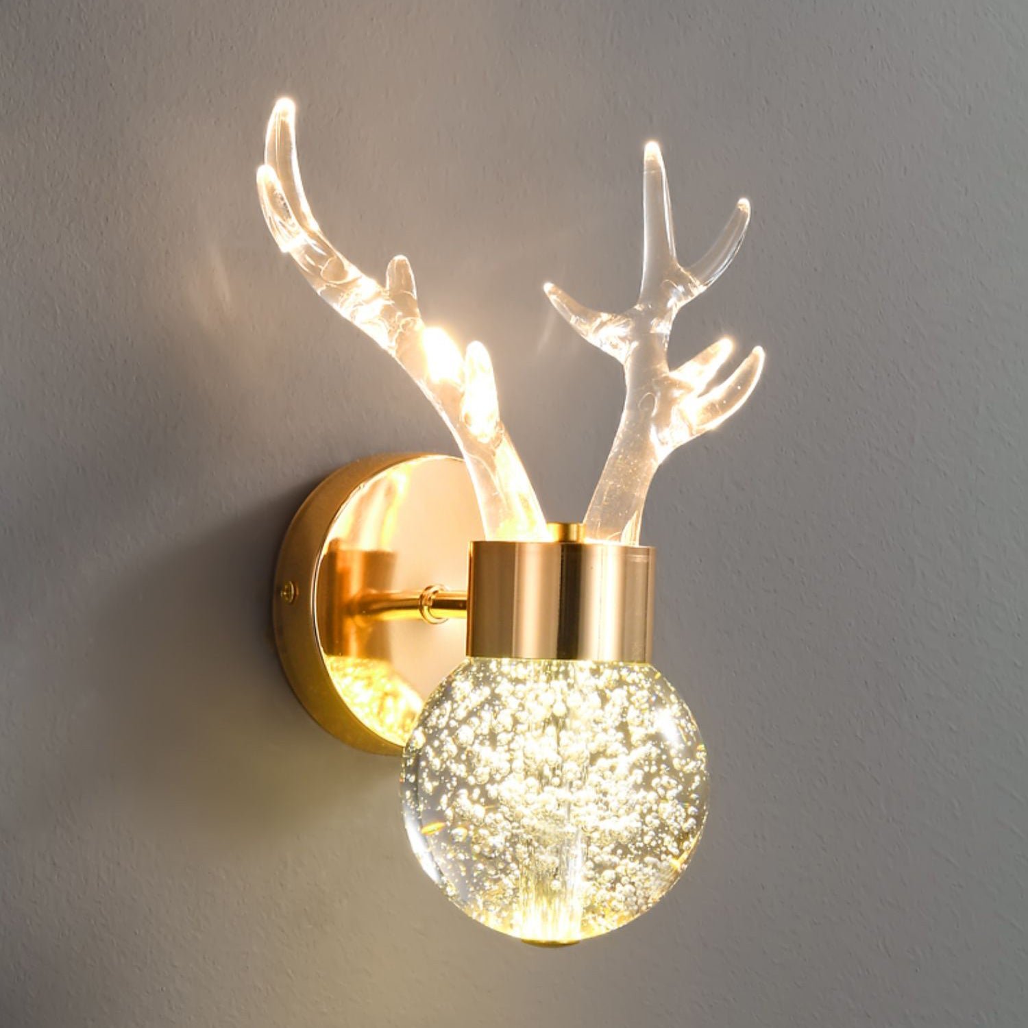 Set of 2 Gold and Clear Little Deer Wall Lamps with Three-Color Changing Light
