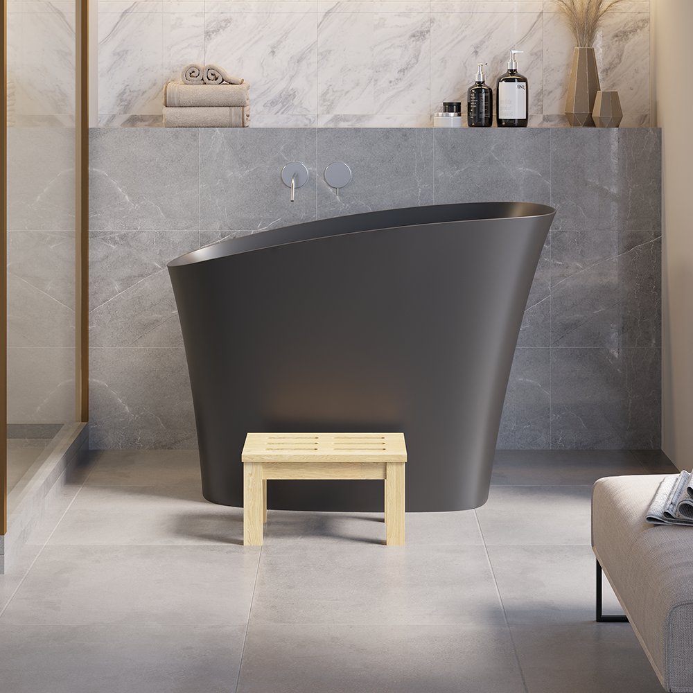 Modern Oblique Deep Freestanding Matte Black Stone Resin Japanese Soaking Bathtub, 47"