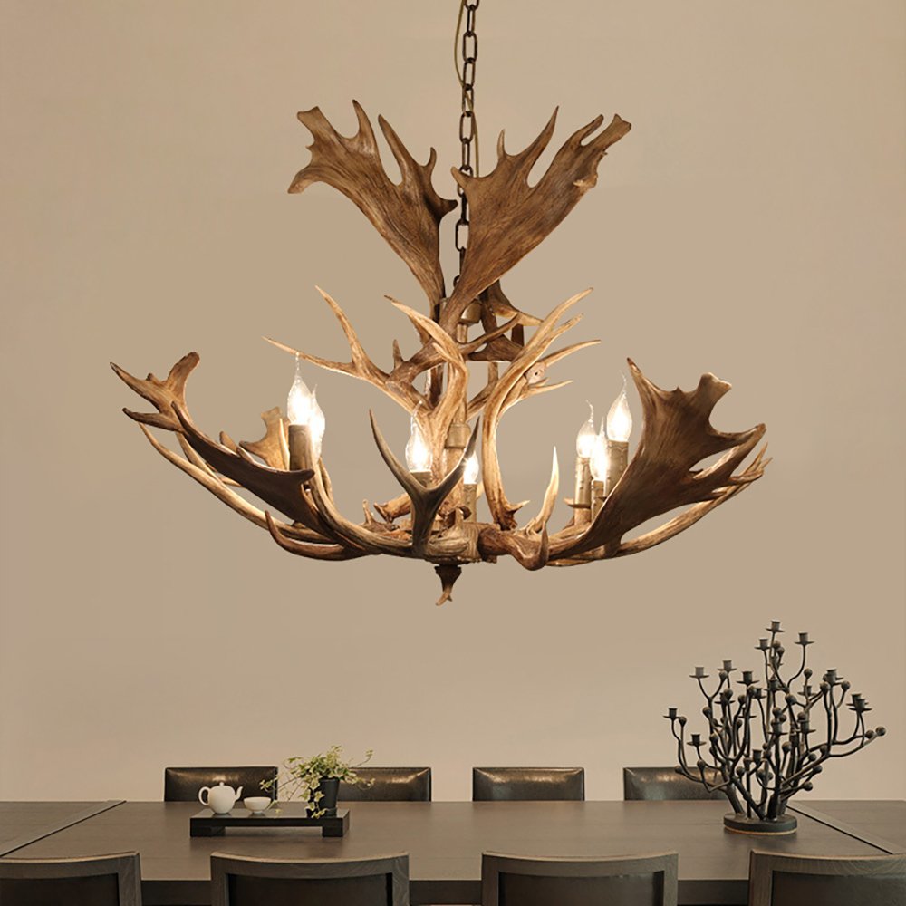 8 Candle Lights Faux Antler Rustic Cascade Chandelier, 43" Wide