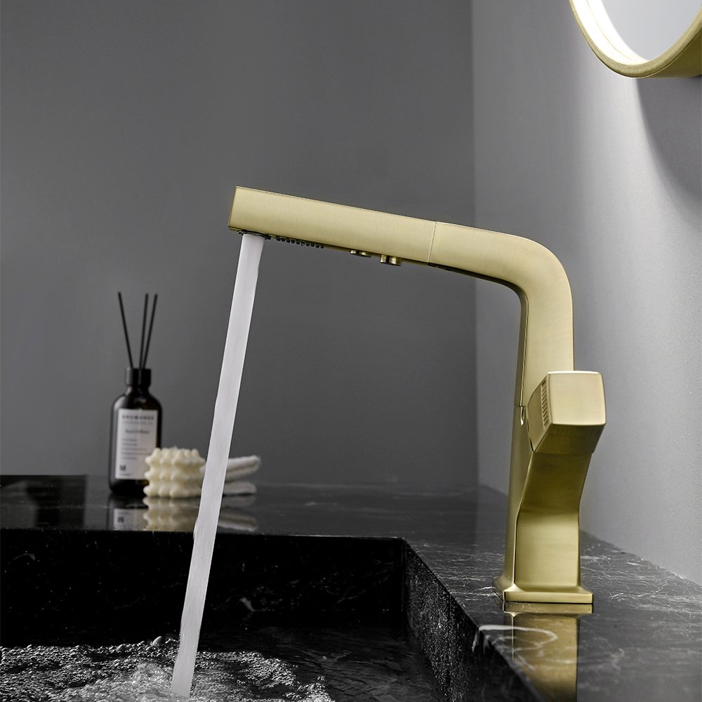Single Hole Bathroom Sink Faucet with Dual Function Pull-Out Spray in Brushed Gold