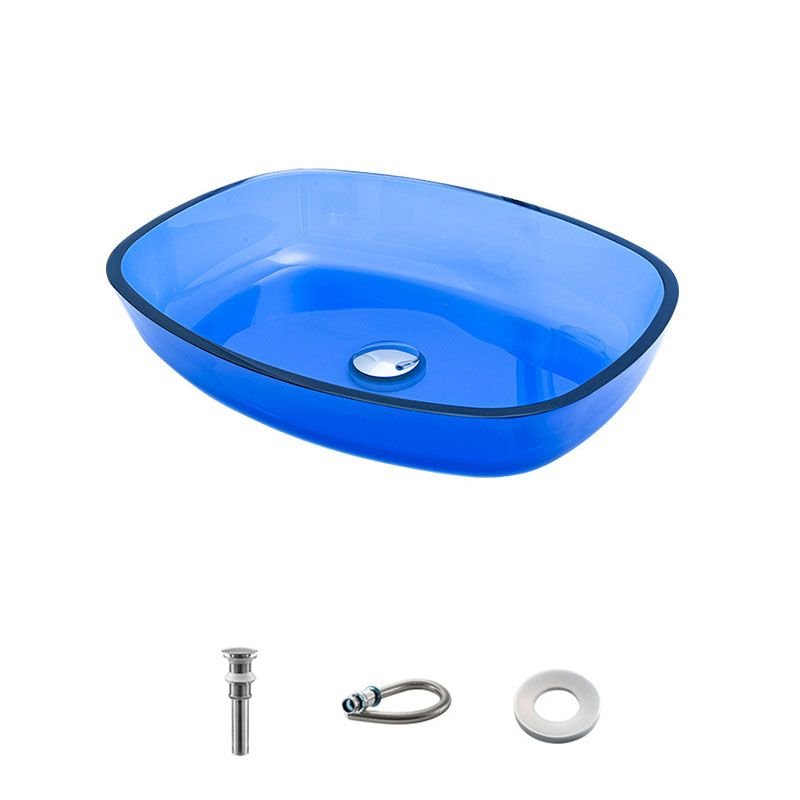Blue Glass Oval-Shape Vessel Bathroom Sink with Pop-Up Drain - Modern Design, Dimensions 21"L x 16"W x 4"H