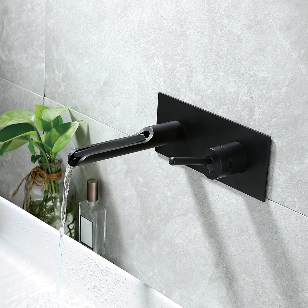 Solid Brass Black Modern Wall-Mounted Bathroom Sink Faucet with Single Lever Handle