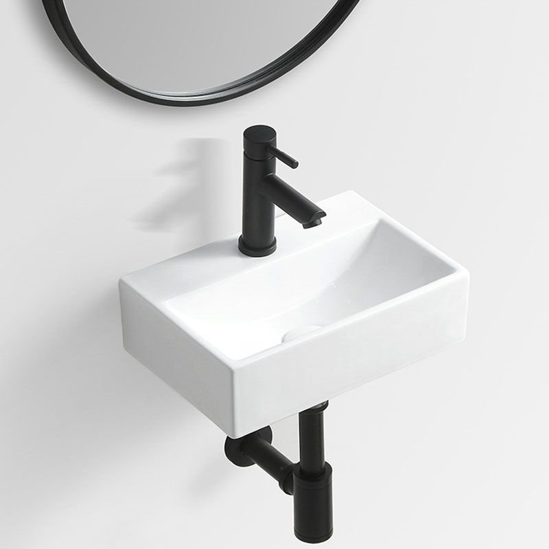 Rectangular Porcelain Wall Mount Bathroom Sink - Contemporary Vessel Design (Faucet Excluded) - Size: 16"L x 10"W x 4"H