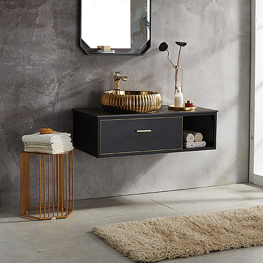 Sintered Stone Top Black Floating Bathroom Vanity with Gold Ceramics Vessel and 1 Drawer