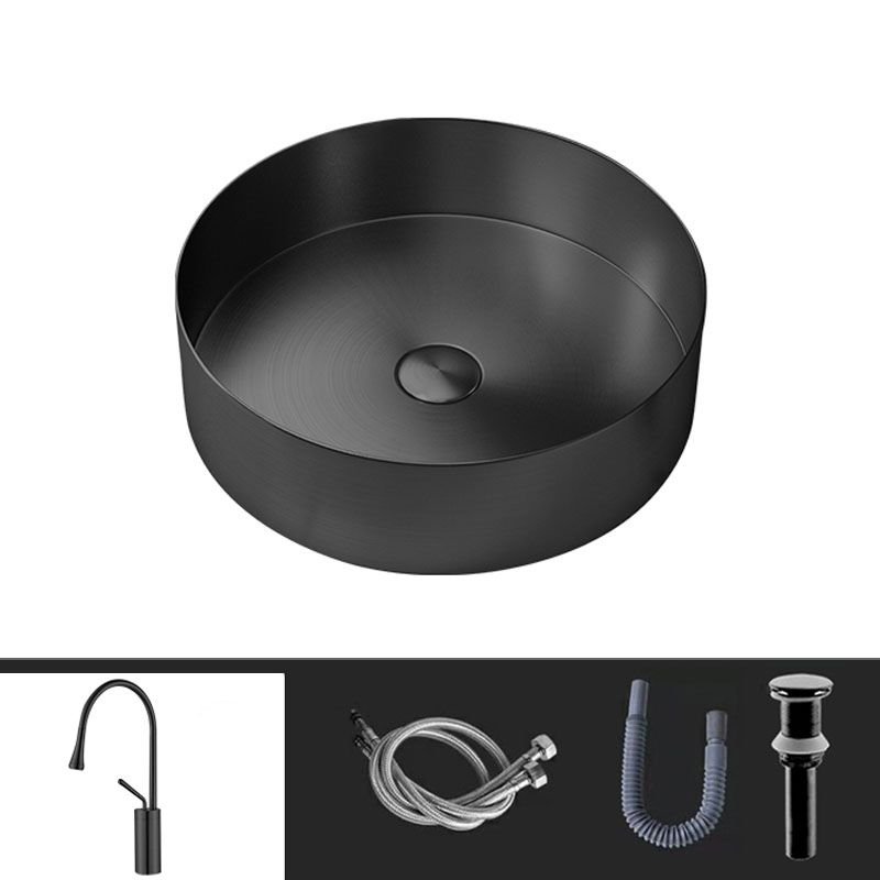 Black Gooseneck Bathroom Sink with Pop-Up Drain and Faucet - Solid Color Metal Trough Sink