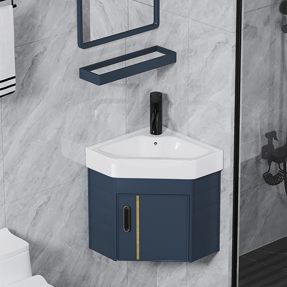 Corner Bathroom Vanity with Ceramic Integral Single Sink and Floating Design in Deep Blue, 17" Deep