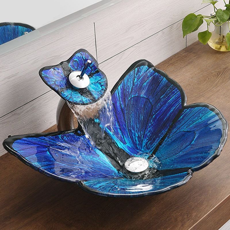Blue Tempered Glass Bathroom Sink with Modern Style, Specialty Shape, Sink & Drain Assembly, and Faucet