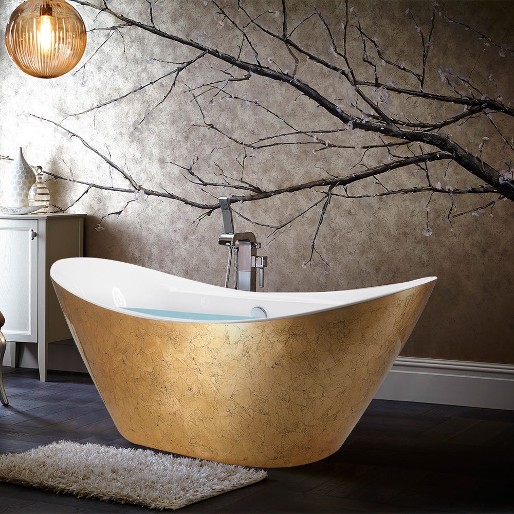 Gold Freestanding Oval Acrylic Bathtub with Drain and Overflow, measuring 67 inches