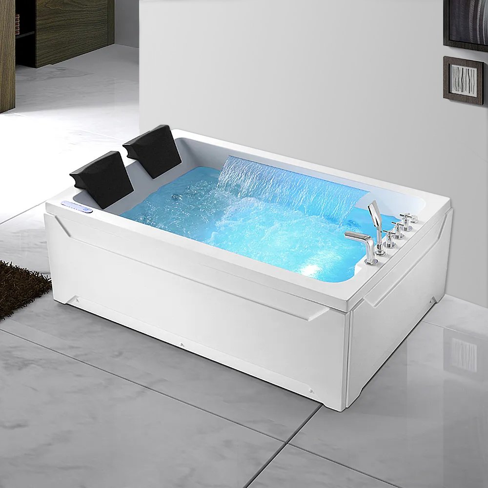 Bathtub with 73-inch LED Acrylic, Whirlpool Water Massage, Double Waterfall, and 3-Sided Apron