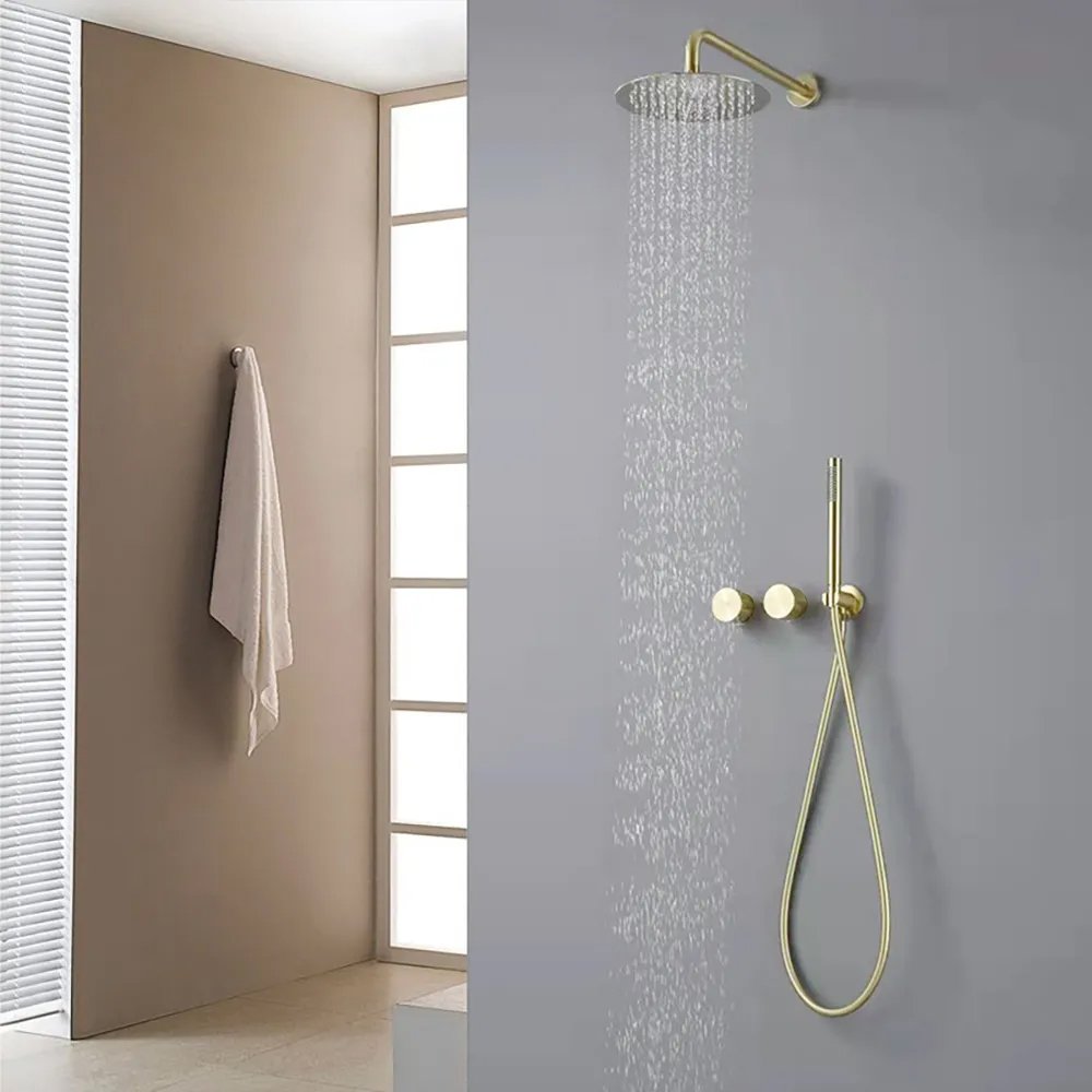 Brushed Gold 12" Wall-Mounted Rain Shower System with Hand Shower