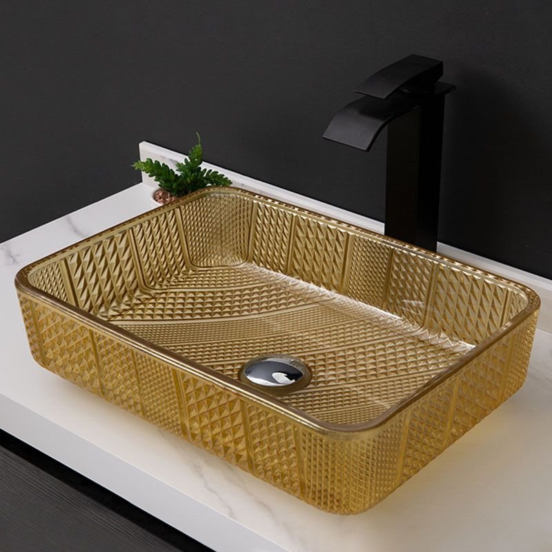 Rectangular Vessel Bathroom Sink with Tempered Glass - Includes Sink & Drain Assembly and Light Brown Faucet