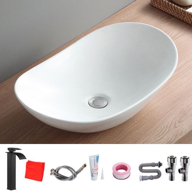Contemporary White Vessel Sink - Porcelain Bathroom Sink with Faucet, Waterfall Spout - Sink Dimensions 24"L x 14.2"W x 6.3"H