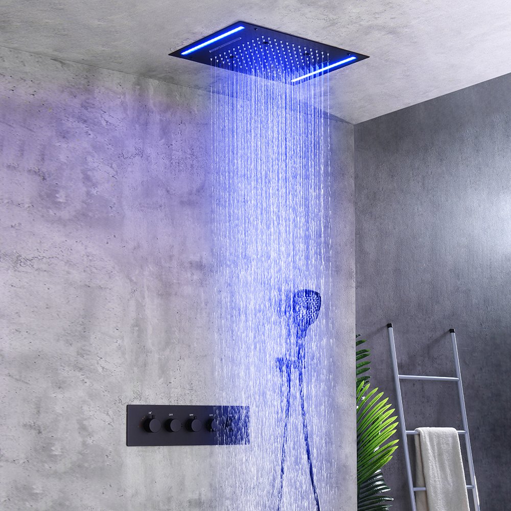 Black 20" Ceiling Mounted Rainfall Shower System with Thermostatic Control, LED Light, and 4 Functions