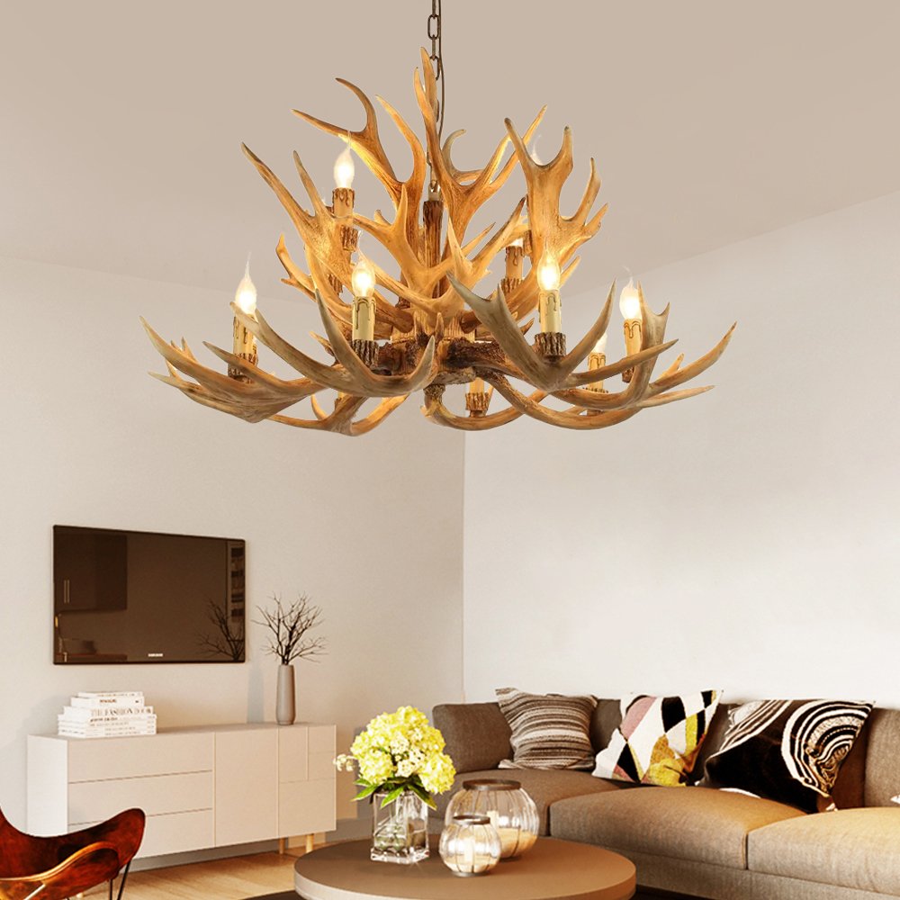 Rustic Antler Tiered Chandelier: Resin Cascade Ceiling Light with Elegant 12-Light Candle Design