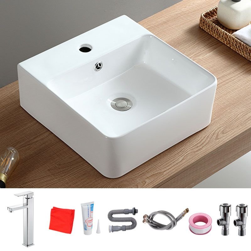 Rectangular Trough Bathroom Sink with 1 Faucet Hole in White - Square Faucet Included, Dimensions: 16"L x 17"W x 6"H