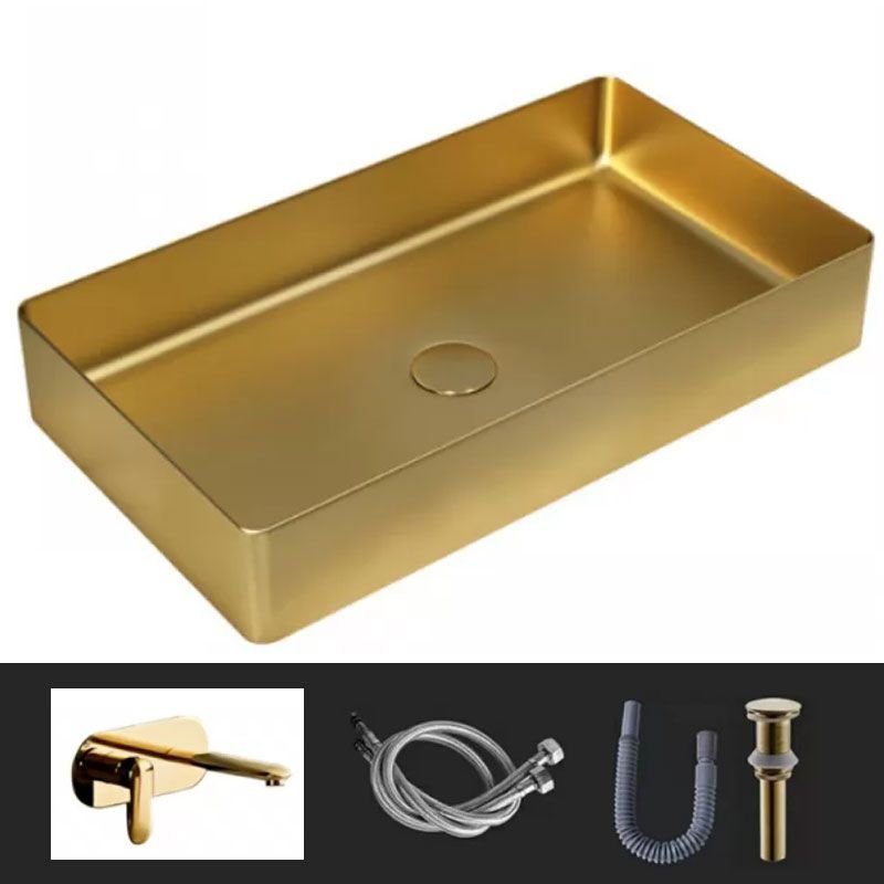 Rectangular Metal Modern Vessel Bathroom Sink with Gold Round Faucet