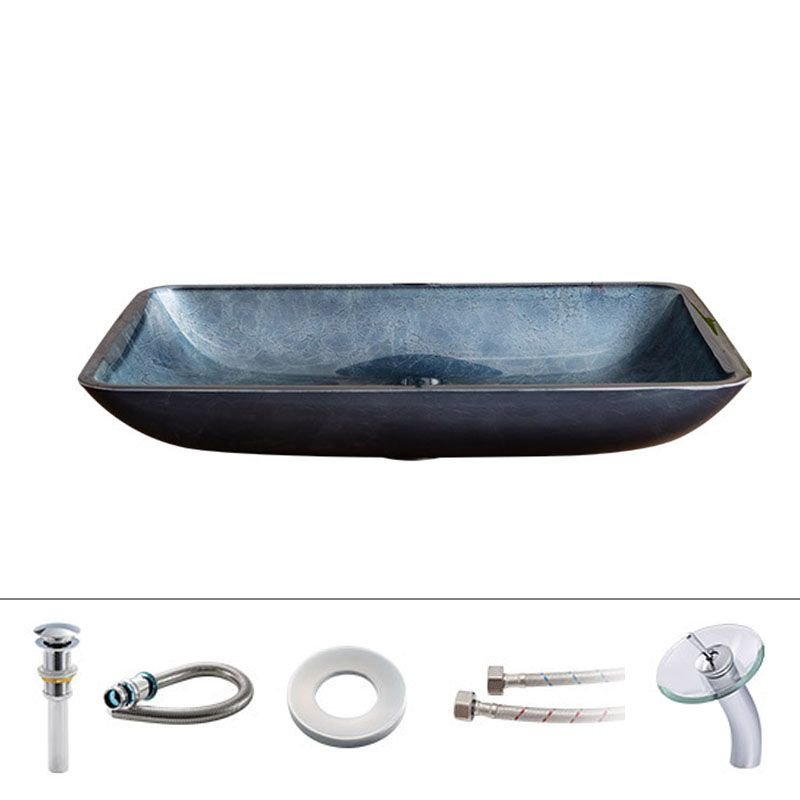 Contemporary Design Tempered Glass Trough Bathroom Sink with Sink & Drain Assembly and Faucet - Dimensions: 22"L x 14"W x 4"H