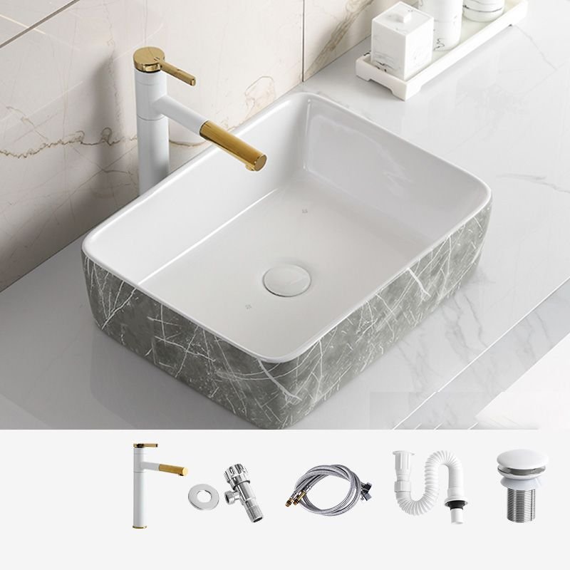 Modern Bathroom Sink with Pulling Faucet and Rotary Faucet - Round Ceramic Marble Pattern, Dimensions: 19"L x 15"W x 6"H