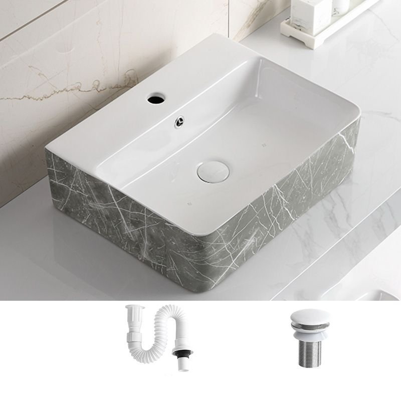 Modern Bathroom Sink with Pulling Faucet and Round Ceramic Marble Pattern - Sink Dimensions: 21"L x 17"W x 6"H, None