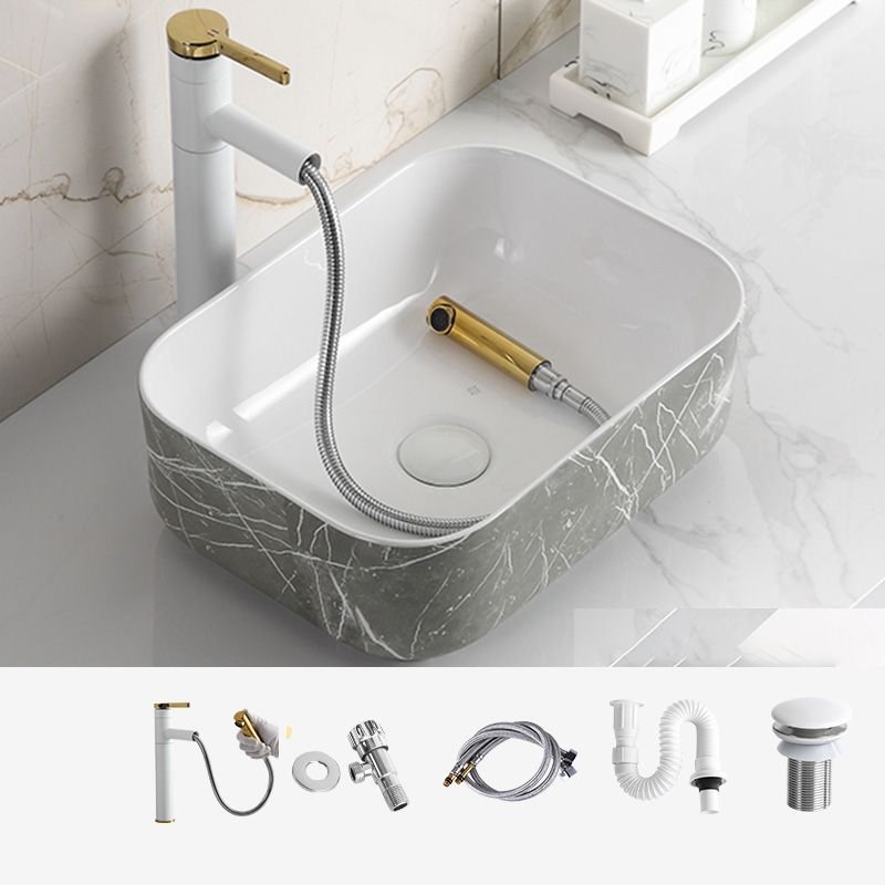 Ceramic Marble Pattern Round Bathroom Sink with Pulling Faucet - 16"L x 12"W x 5"H