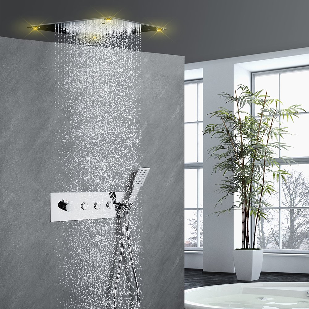 Shower System with Push Button Thermostatic Diverter - Modern Chrome LED, with 3 Functions.