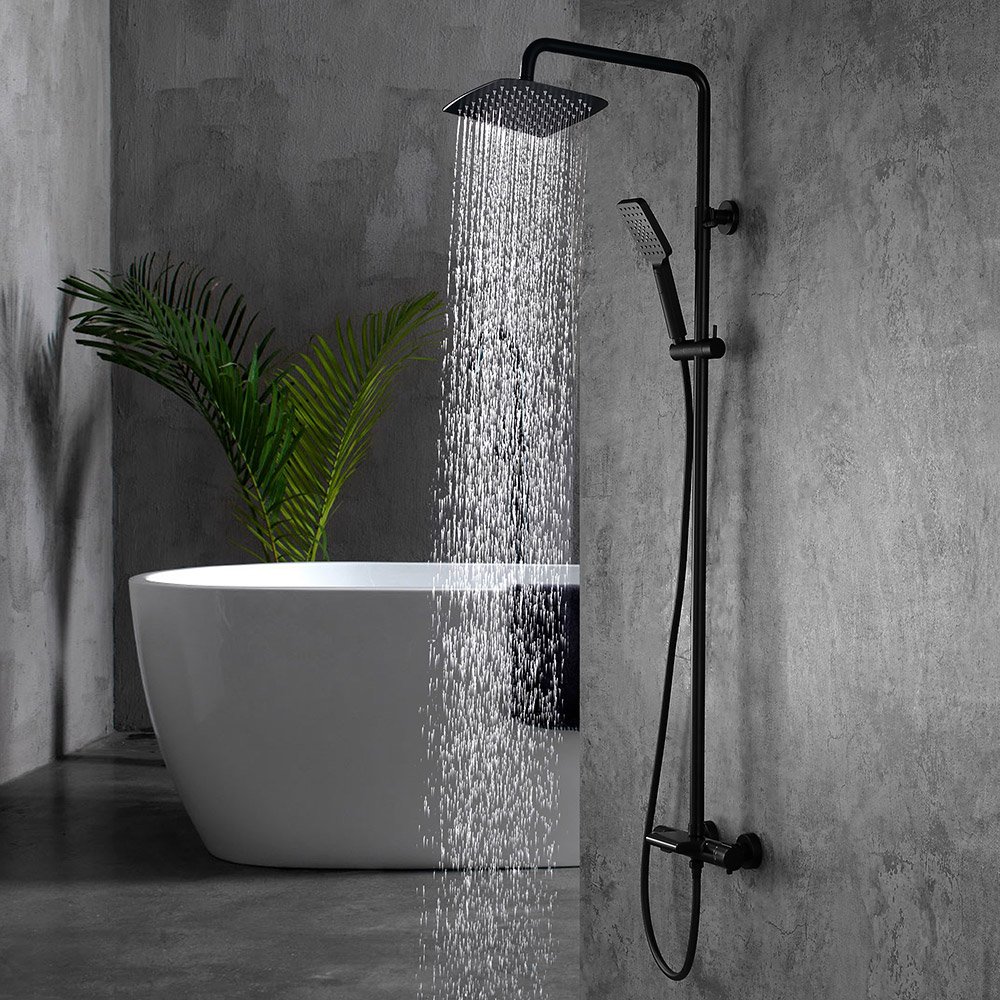 Matte Black Modern Rainfall Thermostatic Shower Fixture with Hand Shower, Exposed Design
