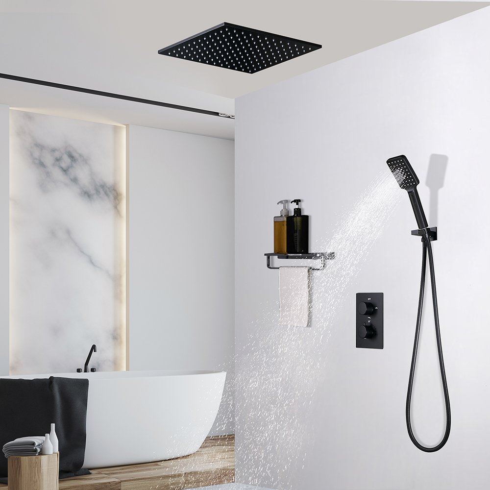 Matte Black Solid Brass Thermostatic Shower System with Handheld Shower - 16"
